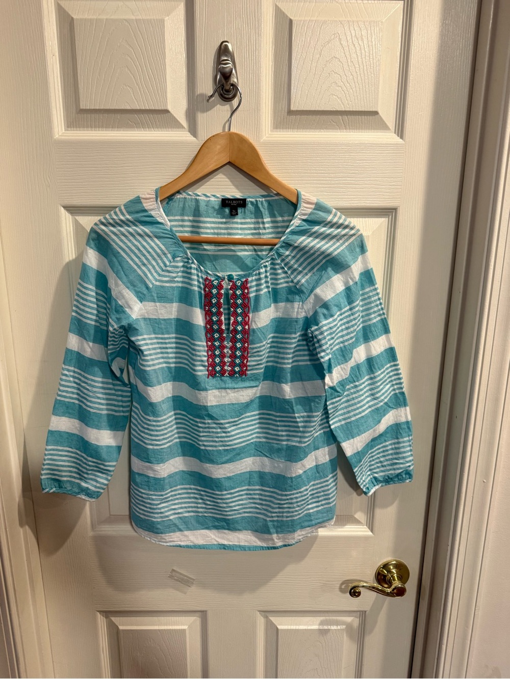 Talbots Turquoise & White Striped Tunic with Embroidered Placket